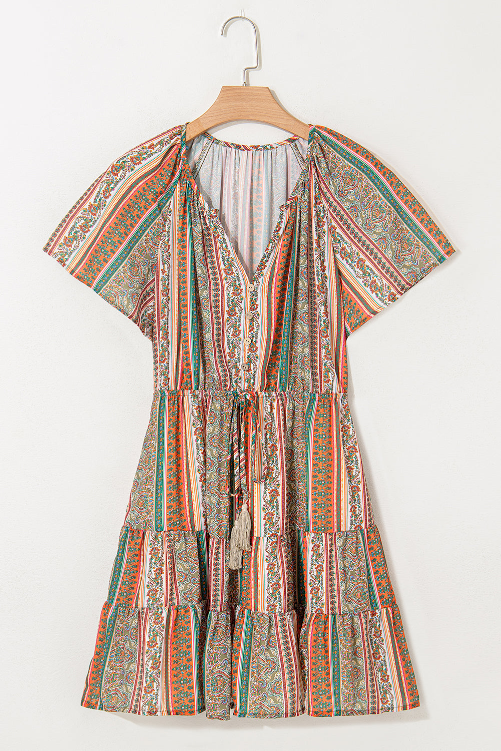Bohemian Floral Tiered Dress Floral Print Button V-Neck Dress