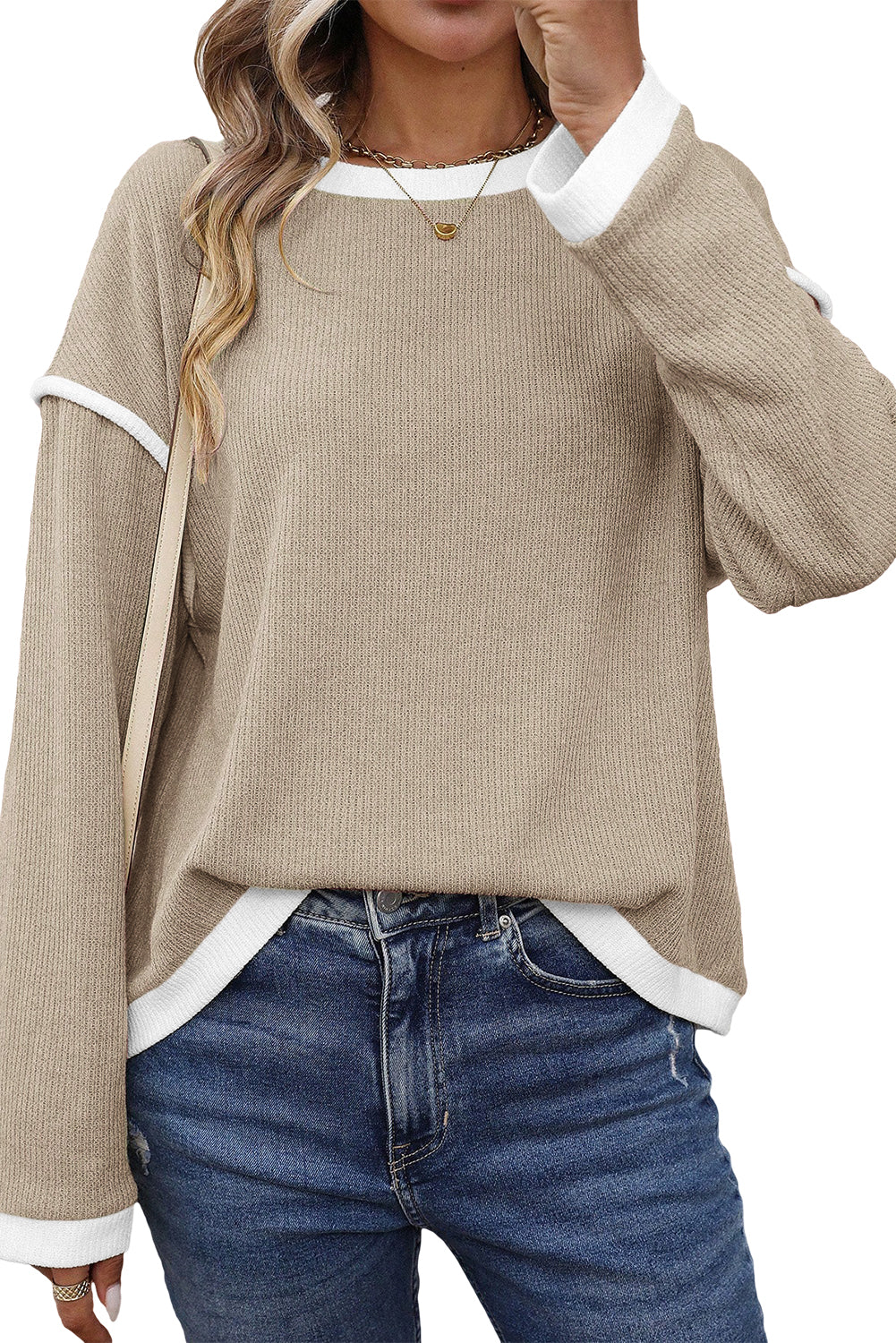 Beige Drop Shoulder Sweater with Contrast Knit Trims