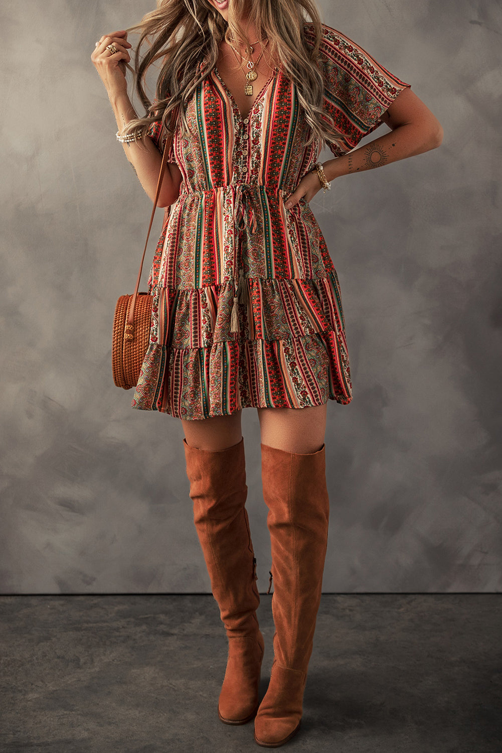 Bohemian Floral Tiered Dress Floral Print Button V-Neck Dress