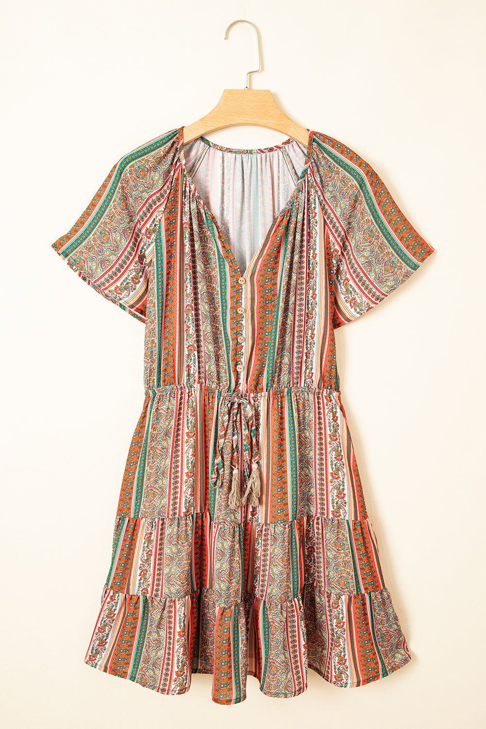 Bohemian Floral Tiered Dress Floral Print Button V-Neck Dress