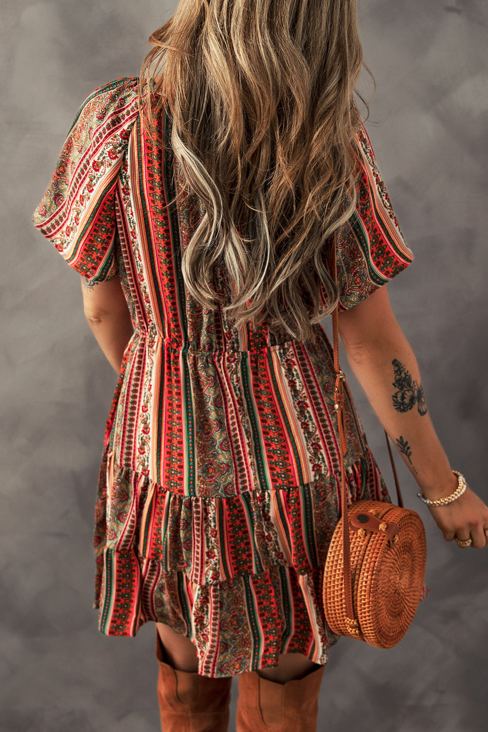 Bohemian Floral Tiered Dress Floral Print Button V-Neck Dress