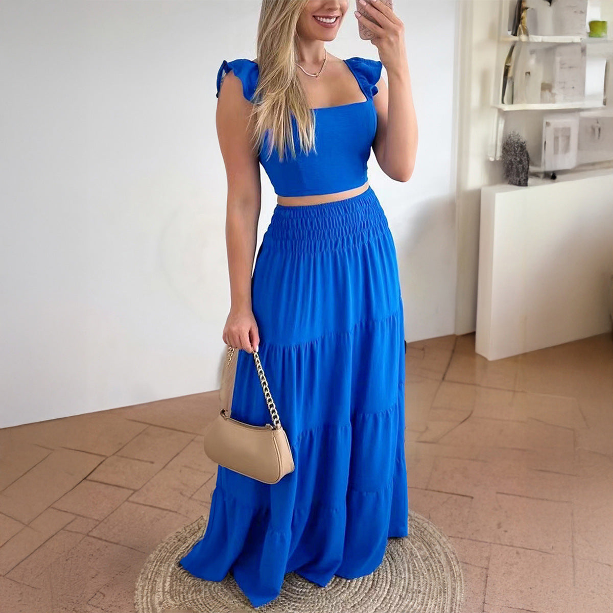 Women's Summer Holiday Style Short Sleeve Flared Skirt Set