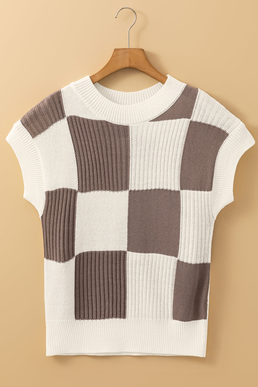 Khaki short-sleeved round neck color block sweater