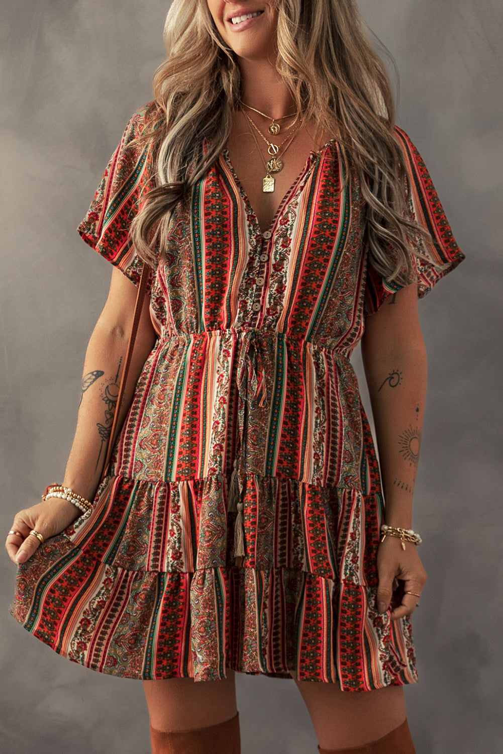 Bohemian Floral Tiered Dress Floral Print Button V-Neck Dress