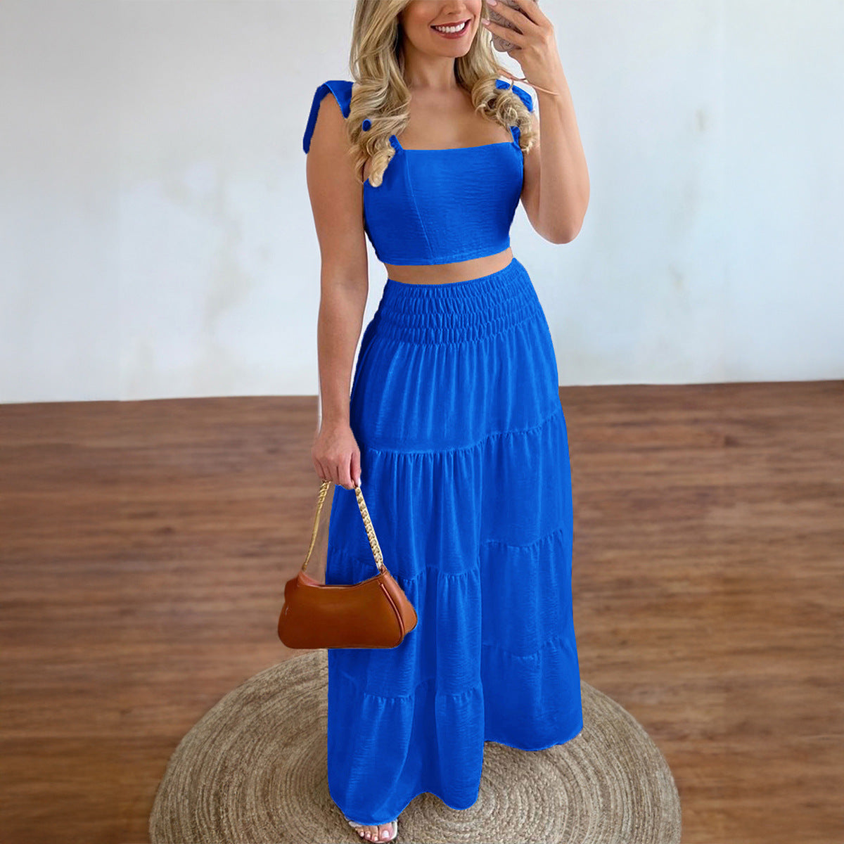 Women's Summer Holiday Style Short Sleeve Flared Skirt Set