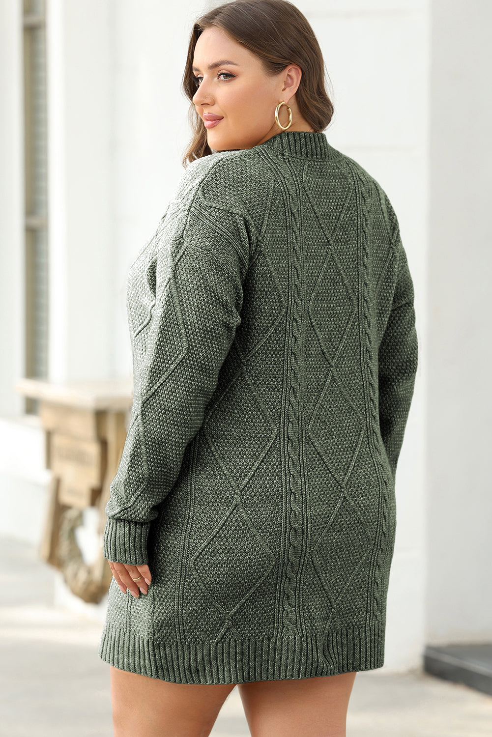 Mist green cable knit loose fit sweater dress with dropped shoulders