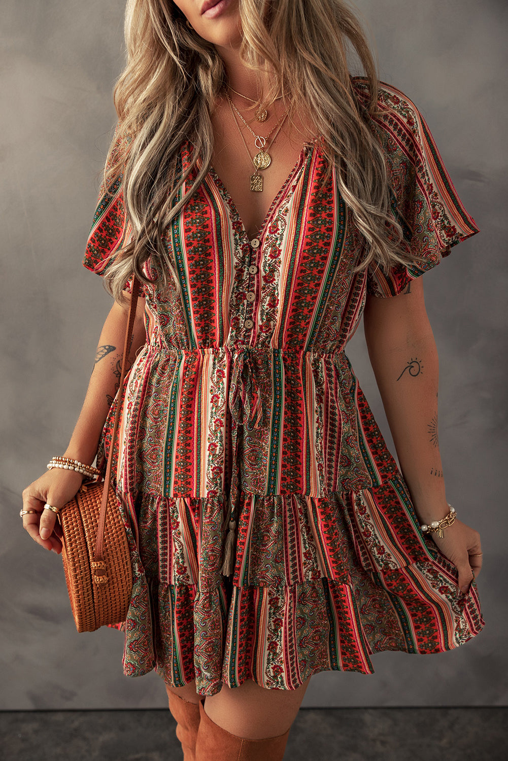 Bohemian Floral Tiered Dress Floral Print Button V-Neck Dress