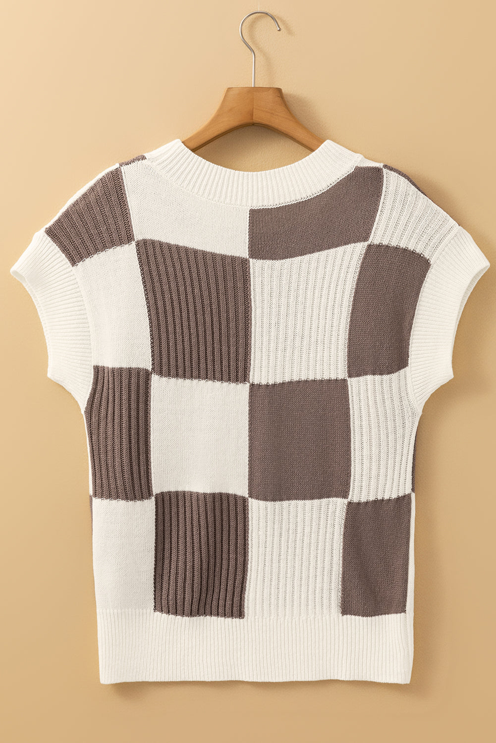 Khaki short-sleeved round neck color block sweater