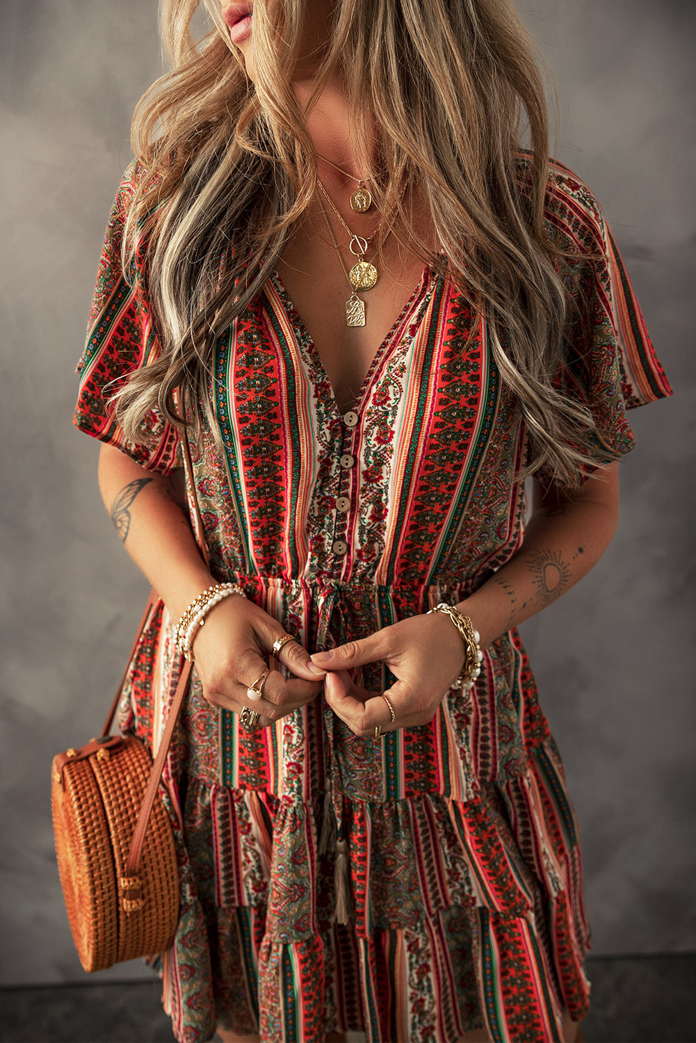 Bohemian Floral Tiered Dress Floral Print Button V-Neck Dress