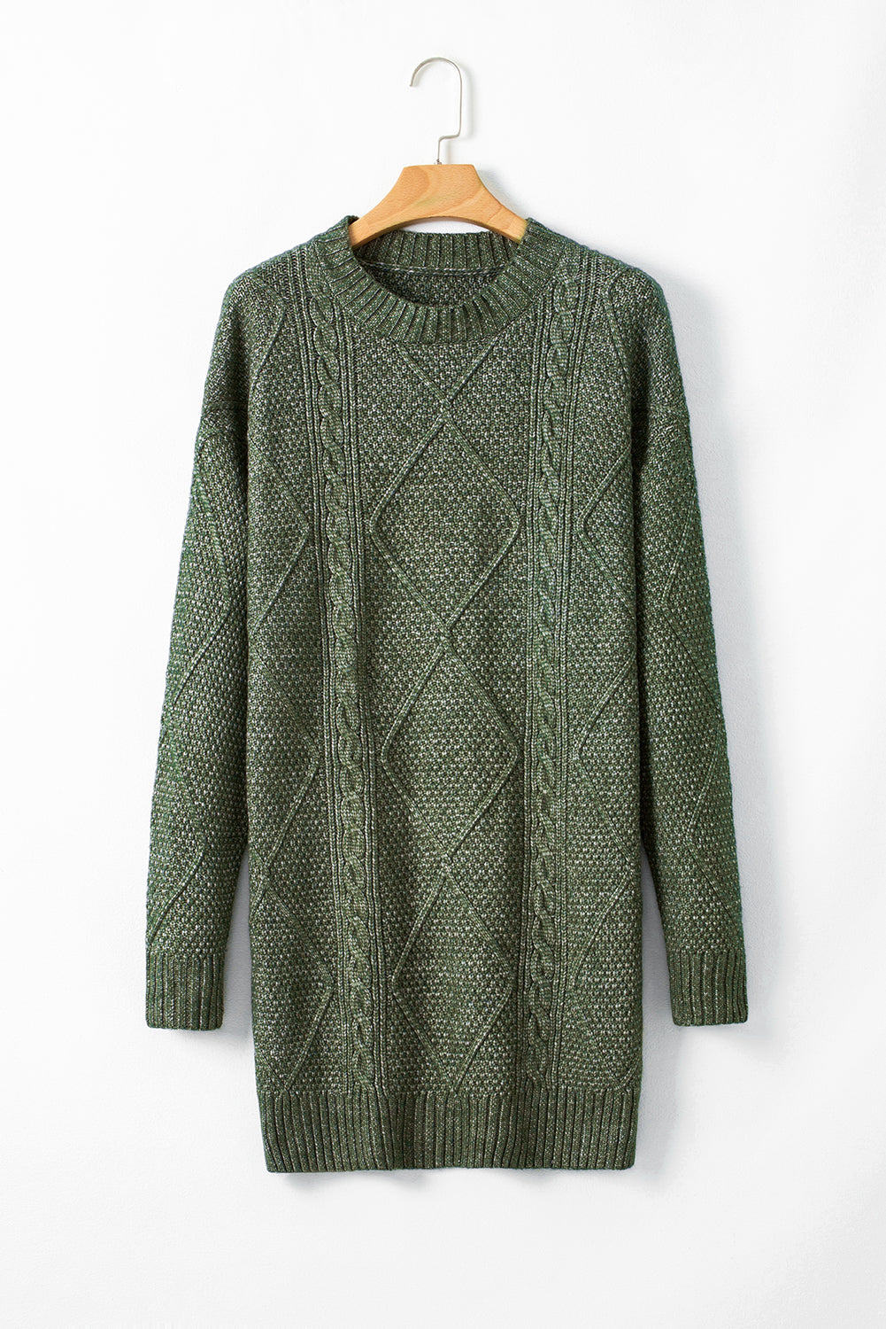 Mist green cable knit loose fit sweater dress with dropped shoulders