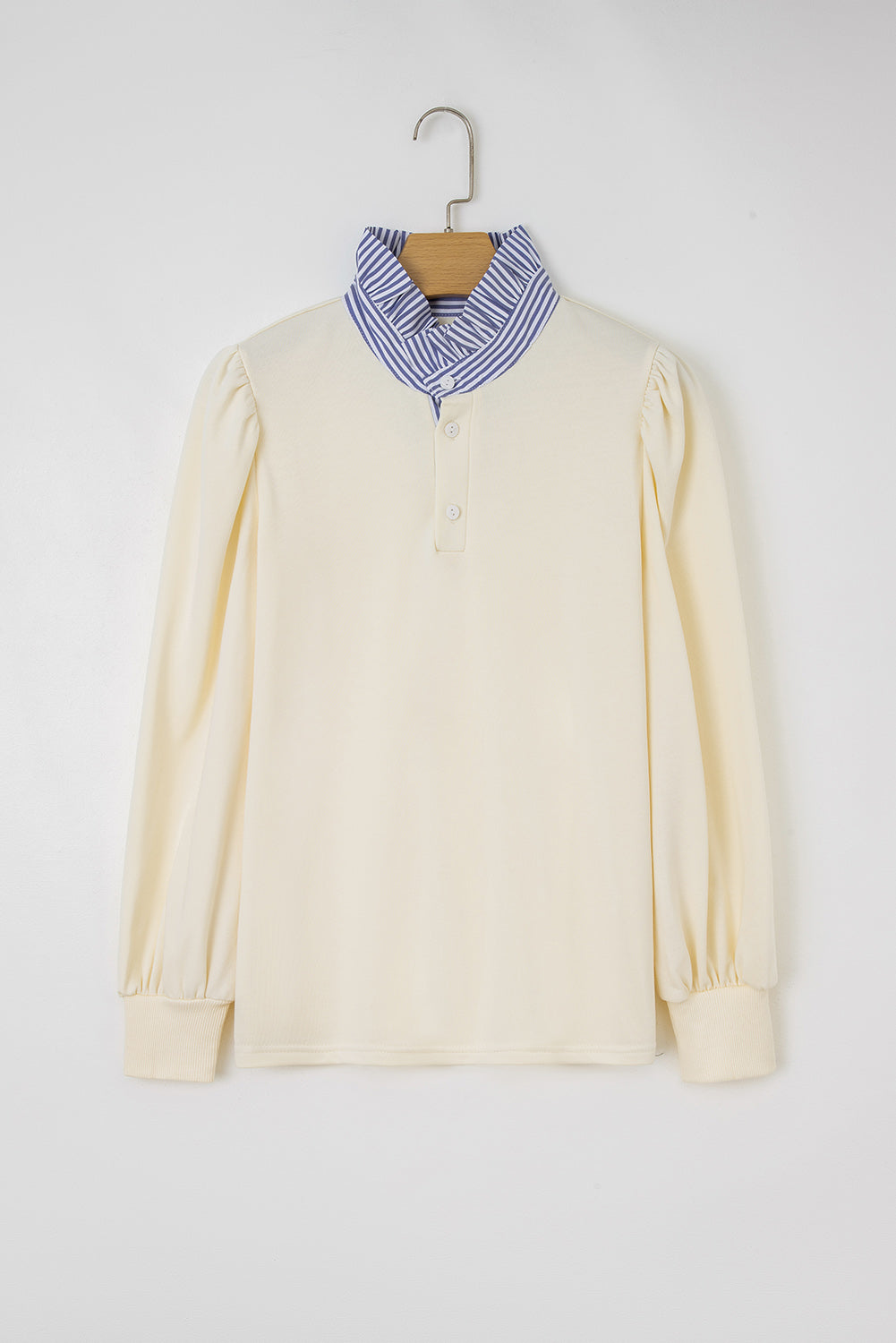 White Striped Sweatshirt with Ruffles and Button-Down Collar