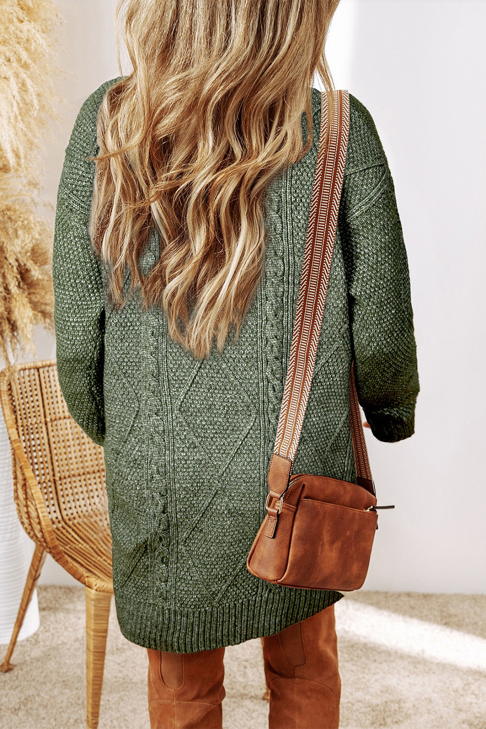 Mist green cable knit loose fit sweater dress with dropped shoulders