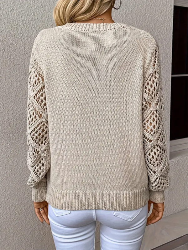 Women's V-Neck Openwork Long Sleeve Solid Color Casual Top
