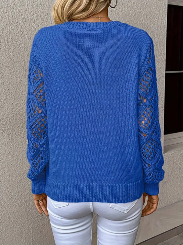 Women's V-Neck Openwork Long Sleeve Solid Color Casual Top