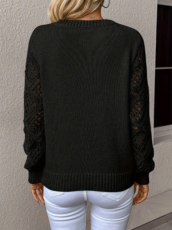 Women's V-Neck Openwork Long Sleeve Solid Color Casual Top