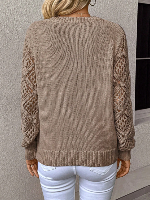 Women's V-Neck Openwork Long Sleeve Solid Color Casual Top