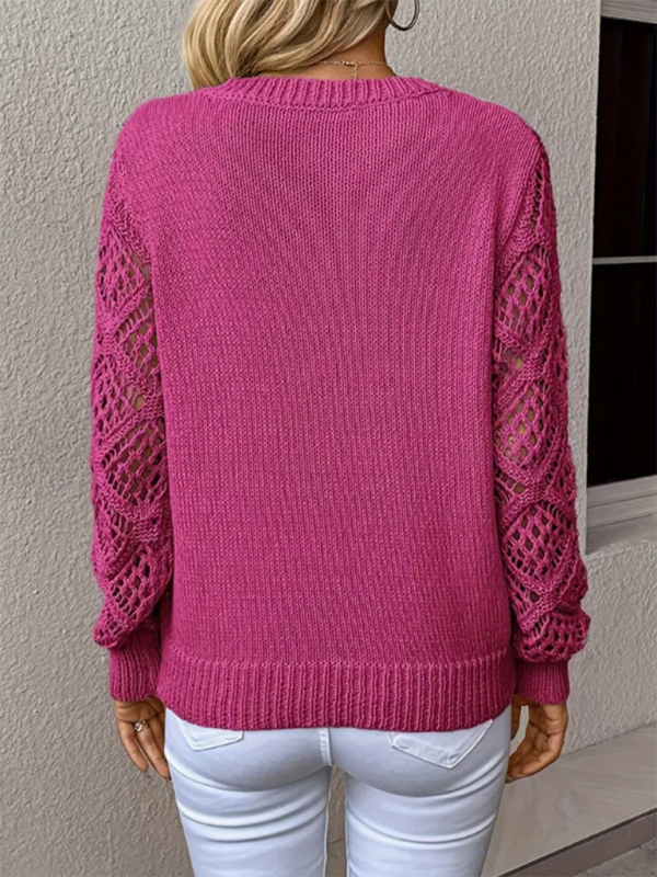 Women's V-Neck Openwork Long Sleeve Solid Color Casual Top