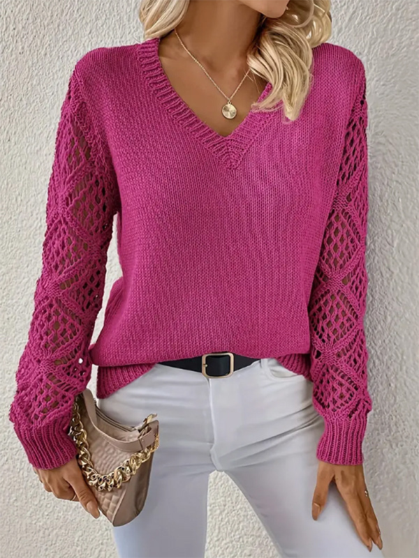 Women's V-Neck Openwork Long Sleeve Solid Color Casual Top