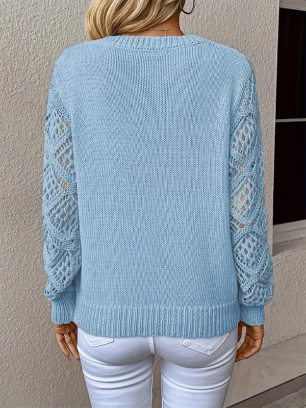 Women's V-Neck Openwork Long Sleeve Solid Color Casual Top
