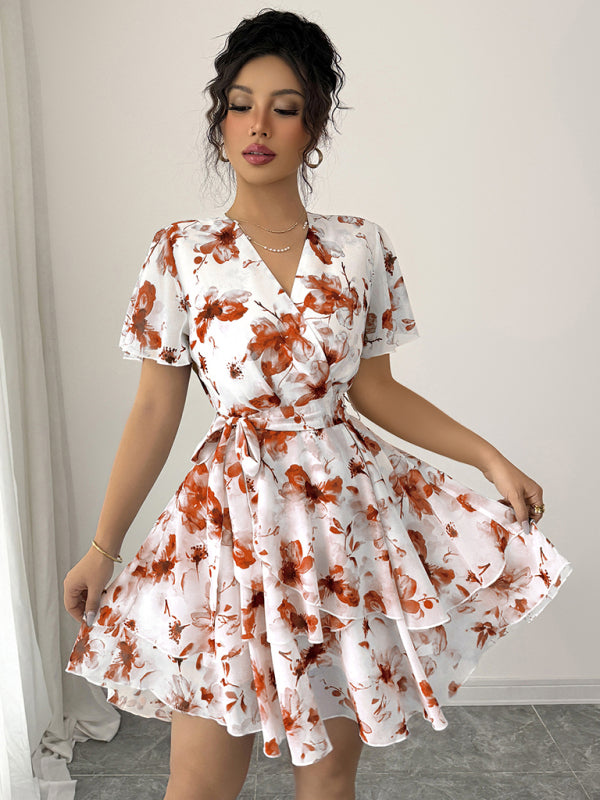 Deep V Neck Printed Mini Dress
