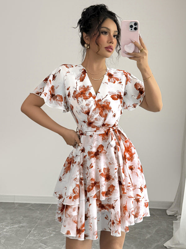 Deep V Neck Printed Mini Dress