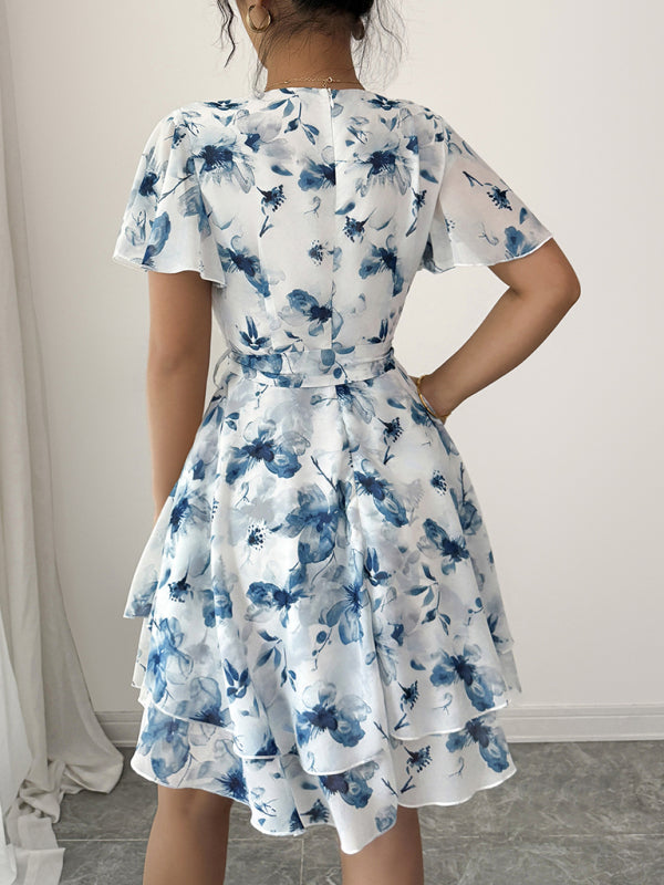 Deep V Neck Printed Mini Dress