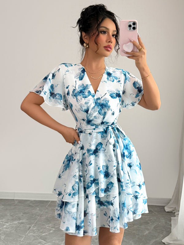 Deep V Neck Printed Mini Dress