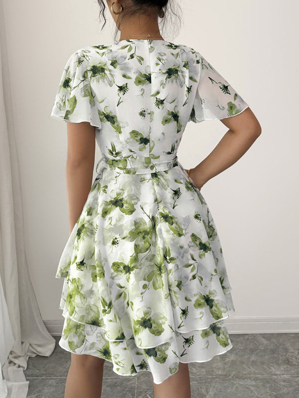 Deep V Neck Printed Mini Dress