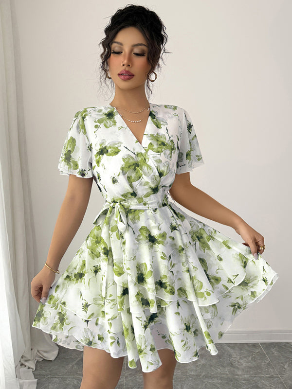Deep V Neck Printed Mini Dress