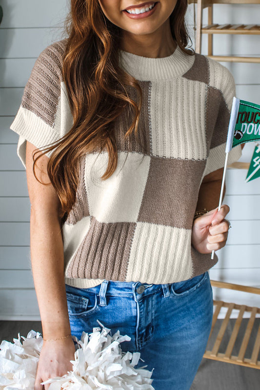 Khaki short-sleeved round neck color block sweater