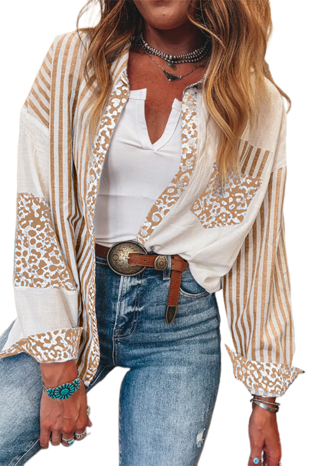 Khaki Leopard Striped Patchwork Button Down Shirt