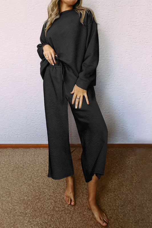 Ensemble Noir Texturé Ample Décontracté Haut à Manches Longues et Pantalon