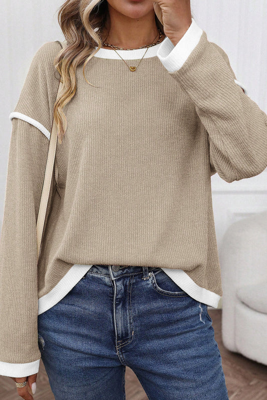 Beige Drop Shoulder Sweater with Contrast Knit Trims