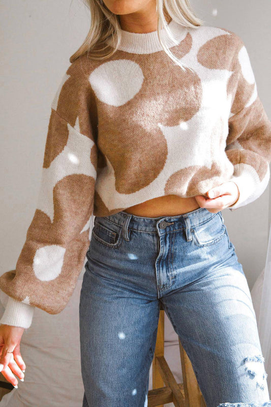 Khaki drop-shoulder sweater with large floral pattern