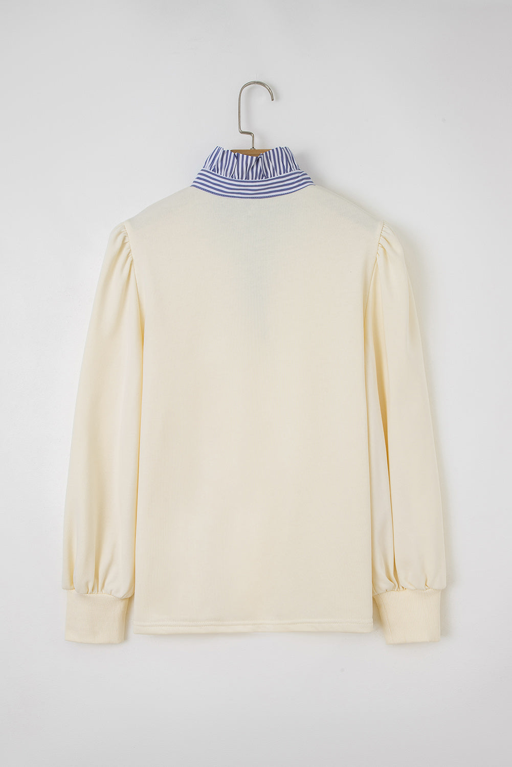 White Striped Sweatshirt with Ruffles and Button-Down Collar