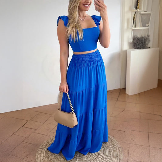 Women's Summer Holiday Style Short Sleeve Flared Skirt Set
