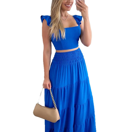 Women's Summer Holiday Style Short Sleeve Flared Skirt Set
