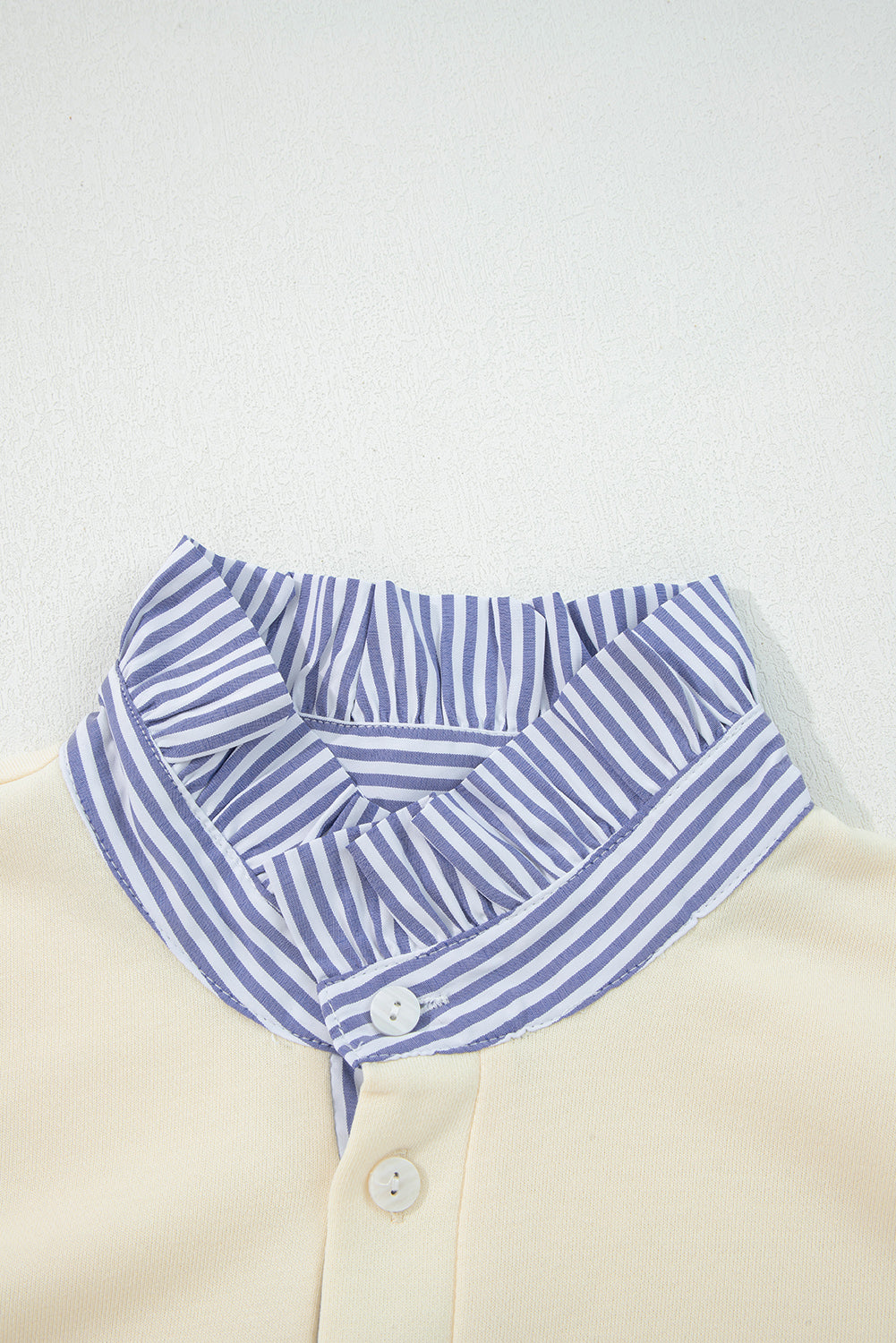 White Striped Sweatshirt with Ruffles and Button-Down Collar