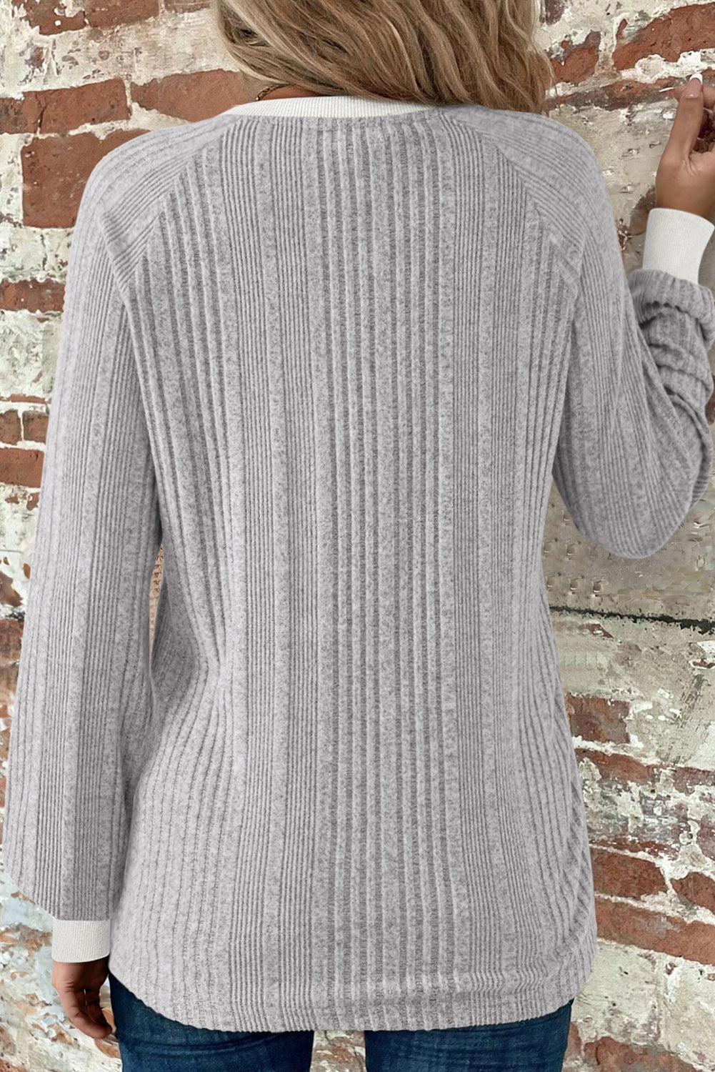 Grey Ribbed Textured Top with Contrast Trims Round Neck Long Sleeves