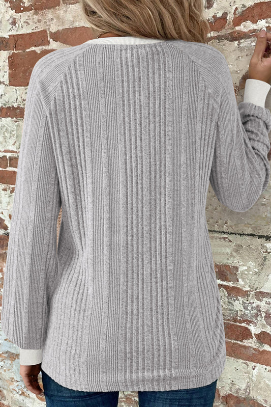 Grey Ribbed Textured Top with Contrast Trims Round Neck Long Sleeves