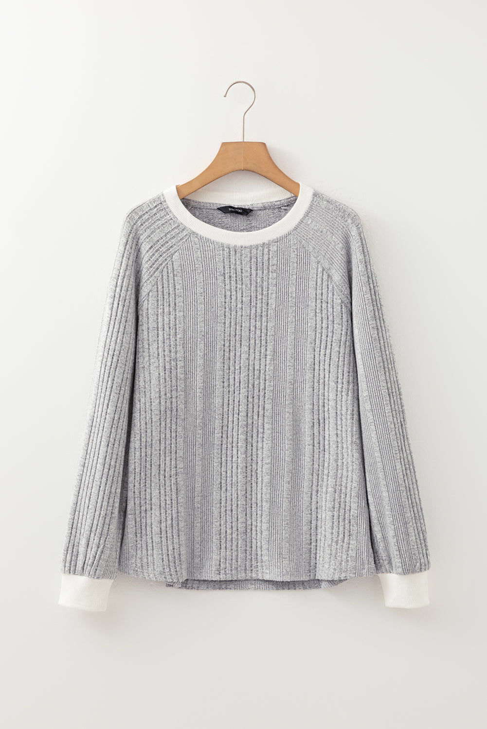 Grey Ribbed Textured Top with Contrast Trims Round Neck Long Sleeves