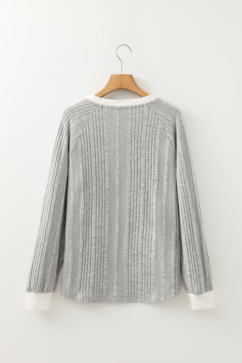 Grey Ribbed Textured Top with Contrast Trims Round Neck Long Sleeves