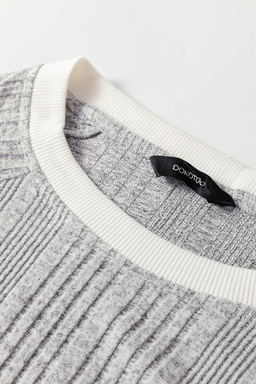 Grey Ribbed Textured Top with Contrast Trims Round Neck Long Sleeves