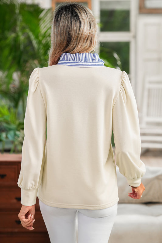 White Striped Sweatshirt with Ruffles and Button-Down Collar
