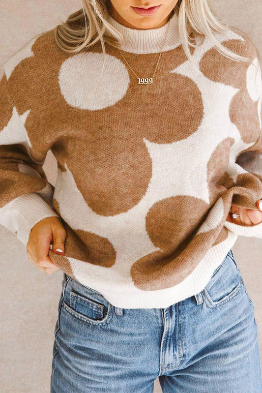 Khaki drop-shoulder sweater with large floral pattern