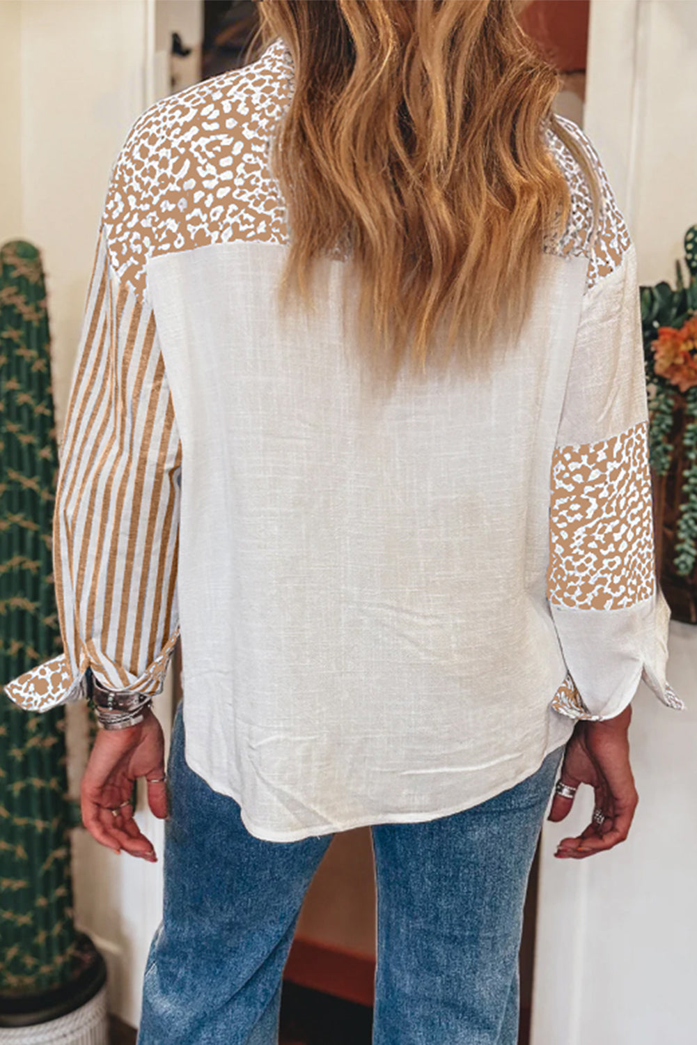 Khaki Leopard Striped Patchwork Button Down Shirt