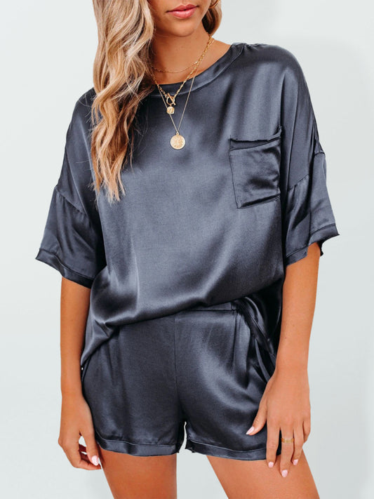 Women's Satin Pajamas Short Sleeve Irregular Shorts 2 Piece Set