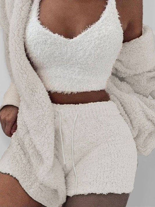 Plush Homewear Casual 3-piece Pajamas Long Sleeve Navel Vest Shorts Set 