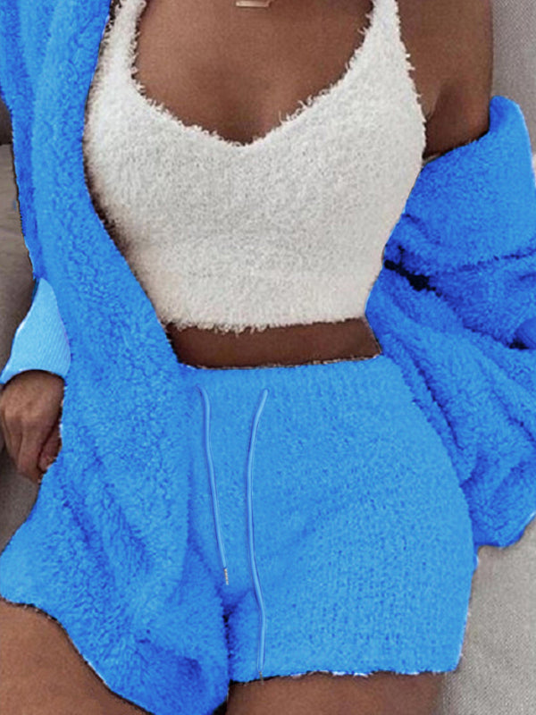 Plush Homewear Casual 3-piece Pajamas Long Sleeve Navel Vest Shorts Set 