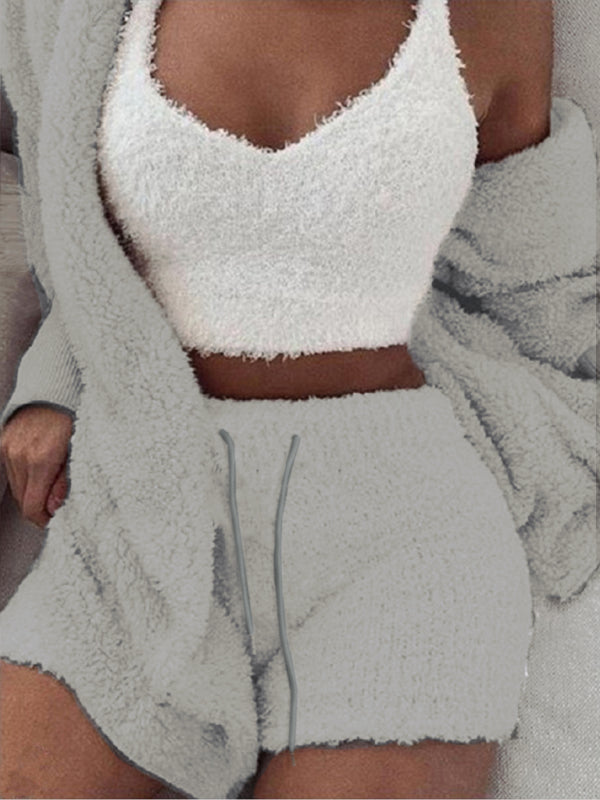 Plush Homewear Casual 3-piece Pajamas Long Sleeve Navel Vest Shorts Set 